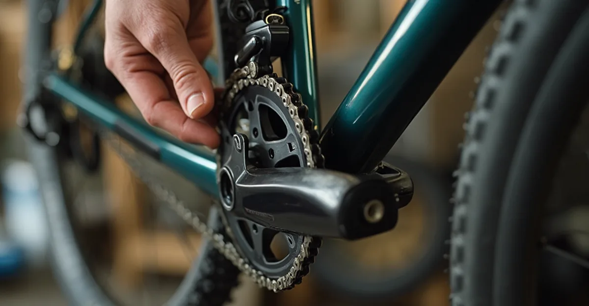 A bicycle drivetrain on a work stand, a hand holding a small chain checker against the chain near the cassette, low warm workshop light, shallow depth of field, chain links and cassette teeth in sharp focus
