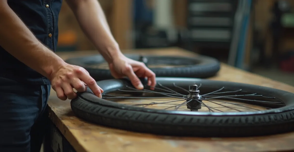 A pair of hands seating a road bike tyre bead over the rim of a wheel on a wooden workshop bench, low warm workshop light, shallow depth of field