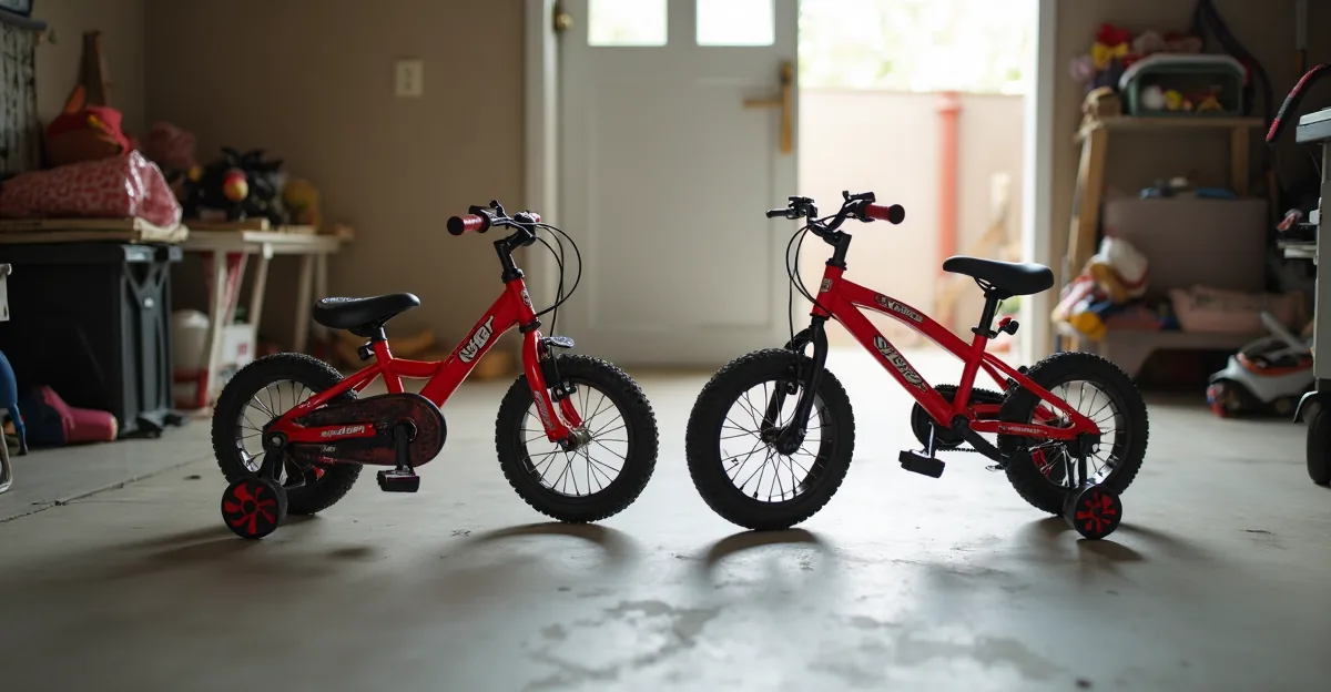 A small child's red balance bike and a red pedal bike with stabilisers, side by side on a garage floor in morning light