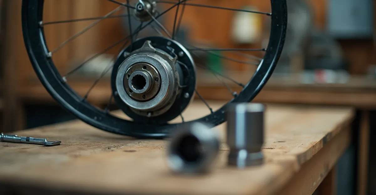 A bicycle wheel removed from the frame lying on a workshop bench, the hub facing the camera, low warm workshop light, a socket set blurred in the foreground
