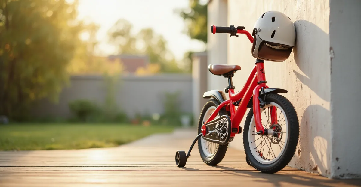A small child's red bicycle propped against a white garden wall in soft afternoon light, low angle