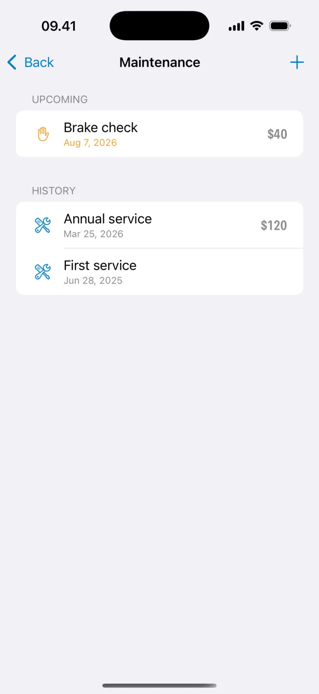 The Maintenance screen with an upcoming brake check due in August in amber, and a history of an annual service and a first service with their costs